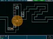 Screenshot of the Rogue Tower Defense game showing a battlefield with various defense towers shooting beams at an endless wave of invading enemies.