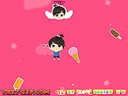 Chloe Jumping character leaping between platforms in an online high-score skill game, collecting food items.