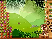 Screenshot of the game Fruit Monkey showing various colorful fruits and a monkey at the bottom, playing a free online match-two puzzle game