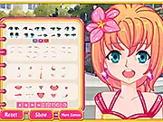Screenshot of the Dress Up Avatar game showing a colorful anime-style character Miu with unique clothes and accessories, play free online fashion game