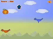 The genius pumpkin character flying his copter through the sky, dodging opposite-flying birds and collecting colorful gems in the free online game Pumpkin Copter.