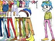 Tiny 2D Dress Up game character, 2D from Gorillaz, wearing a custom outfit and ready for music performance