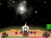 PDS game screenshot showing the Planetary Defense System turret firing weapons at invading alien spacecraft above a protected planet