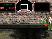 The game screen for Ben10 Basketball Playground showing Ben 10 standing on a basketball court ready to shoot a free throw, with a digital scoreboard visible.