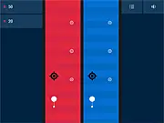 Twin Slide free online game screenshot, showing two parallel lanes with a player collecting coins and dodging geometric obstacles.
