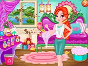 Play Princess Room Cleaning free online game on PlayArcadeHub | Screenshot showing a princess in a messy room and a clean room side-by-side.
