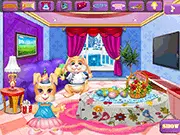 Play Bunny Room Deco free online design game on PlayArcadeHub | Screenshot showing a decorated, cute bunny room with colorful furniture.