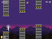 Jet Bunnie game screenshot showing a pixelated bunny character with a jetpack flying between two tall green pipes.