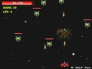 Space Rescuers game screenshot showing a spaceship firing laser beams at a wave of pixelated alien enemy vessels in deep space.