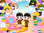 Screenshot of Big Eye Twins Baby dress-up game showing two adorable twin babies with large eyes, dressed in colorful, matching outfits