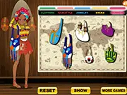 Screenshot of African Beauty Dressup game showing a beautiful model in a vibrant, patterned African-inspired outfit with elegant jewelry and accessories