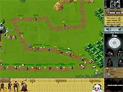 Screenshot from Underworld Tower Defense game showing various defensive units placed along a path attacking an incoming wave of enemies, play free online tower defense.
