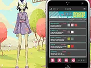 Cyborg Noodle Dress Up game screenshot showing the Gorillaz character Noodle wearing a hip, dark, rock and roll outfit, with an iPhone-style menu.