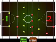 Screenshot of Mini Footy Game showing two miniature players ready to kick a soccer ball on a green pitch.
