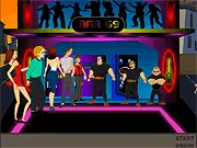 Screenshot of Into the Bar game showing a character attempting to sneak past two large bouncers standing in front of a bar entrance.