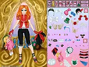 Drama Lolita Dress Up game screenshot showing a female character dressed in an ornate, dramatic Gothic Lolita outfit with a huge skirt, hat, and black lace.