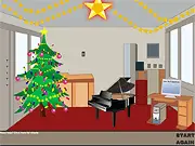 Christmas Escape free online puzzle game screenshot showing a locked mall stall decorated with festive holiday lights and decorations