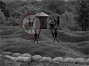 Screenshot of Sniper WWI game showing a first-person view through a rifle scope aimed at an enemy soldier on a muddy battlefield.