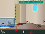Screenshot of the 10 Keys Escape game showing a dark basement room with a locked door, various pieces of furniture, and hidden objects to find.