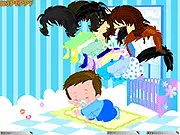 Screenshot of Baby Boy Dress Up game showing a happy cartoon baby boy in a brightly lit room, dressed in a cute outfit, ready for his first birthday party