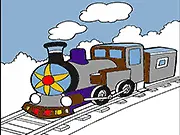 Screenshot of the Train Coloring Book game showing a black and white outline drawing of a classic steam locomotive on tracks, with a colorful palette and virtual tools ready for a child to color it in