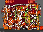 Screenshot of the Machine Soup game showing a complex arrangement of silver tubing and switches with bright green liquid flowing through a successful path.
