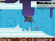 Screenshot of the Santa Cross game showing Santa Claus riding a red motocross bike over a snowy hill while collecting a glowing present.