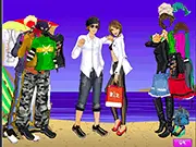 The game screen for Seaside Walking Couple Dress Up showing a girl and a boy standing on a sandy beach, ready to be dressed in summer outfits
