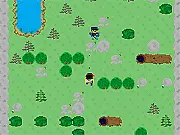 The pixelated character Rabmo shooting at enemies (baddies) in a retro looking game environment in the free online arcade game