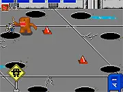 Domo-kun's Angry Smashfest action screenshot, Domo-kun attacking with a stick against colorful, stylized enemies