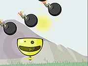 Bomb Catcher arcade game screenshot, a smiling bowl maneuvering beneath multiple falling black bombs