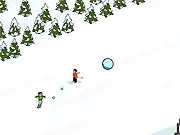 The game screen for Chairlift Challenge showing a view from a chairlift, looking down on skiers moving quickly below, with a crosshair for aiming snowballs.