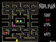 Screenshot of the Nom Man game showing a yellow circular character named NomMan in a blue maze attempting to eat dots while being chased by four different colored, hungry ghost enemies