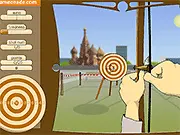 Bowman Flash game screenshot showing an arrow flying towards a distant archery target with a clear bullseye, free online bow and arrow game on PlayArcadeHub
