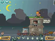 Screenshot of the game Shoot-Out In The West showing a cowboy defending a wooden shop against multiple western enemies in this free online shooting game