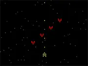 Screenshot of the Off Blast! game showing a player's small fighter ship firing multiple laser beams at various red and blue enemy aircraft and drones flying across a dark arcade background