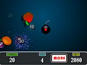 Screenshot of the Fruit Shooter Game, showing a variety of colorful fruits like apples and bananas mixed with black bombs, as a targeting reticle aims at the targets. Play the free online shooting game.
