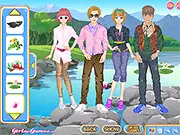 Screenshot of the Spring Friends Dressup game showing four cartoon teenage girls standing side-by-side, dressed in colorful, trendy spring outfits.