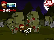 Gameplay screenshot from Zombies Attack Again showing the bearded man character shooting a horde of cartoon-style zombies