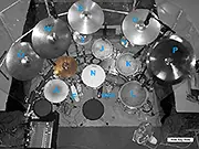 Screenshot of the Drummer Game showing a virtual drum kit with snare, toms, bass drum, and cymbals, ready for the player to hit with a mouse or keyboard.