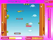 Screenshot of the Peas Adventure free online platformer game showing a rolling pea character bouncing off a moving pod while trying to avoid a green caterpillar
