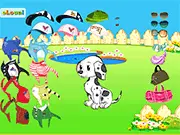 Screenshot of the Dalmation Dress Up game showing a spotted dog wearing a funny hat and glasses, a free online pet styling game.