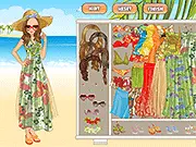 Screenshot from Cute Hawaiian Girl Dressup game showing a cartoon girl with long dark hair wearing a colorful floral dress, a lei, and a flower in her hair against a bright tropical background