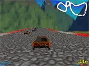 Coaster Cars 3: Mountains retro arcade racing game screenshot with cars speeding on a mountain track, play free online