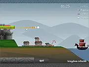 Gameplay screenshot of Sandcastle Ancient Invasion showing a cartoonish medieval sandcastle fortress firing an oversized cannon at a fleet of strange mythological enemy ships at sea