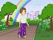 The Lovely Dressup game screen featuring a stylized female character in a chosen outfit and a scenic background setting, with menus for changing clothes and scenes.