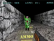 Screenshot of the Zombie Shooting free online retro game showing a character fighting multiple pixelated zombies in a dark corridor