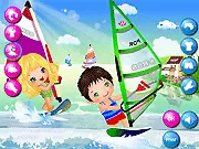 The Baby Surfing game screen showing a boy and a girl on a sunny beach, holding surfboards, with a menu of summer clothes and swimwear items available for a beach fashion makeover.