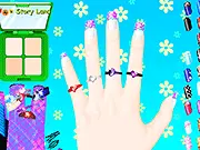 Close-up image of a hand designed in the Flower Manicure game, showcasing nails painted with bright polish, delicate floral patterns, and accessorized with a gold ring and bracelet