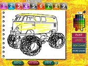 Screenshot of Racing Cars Drawing Artist game showing a brightly colored race car design and drawing tools, play free online coloring game